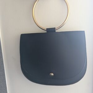 Madison West Black Clutch with Gold Ring Handle